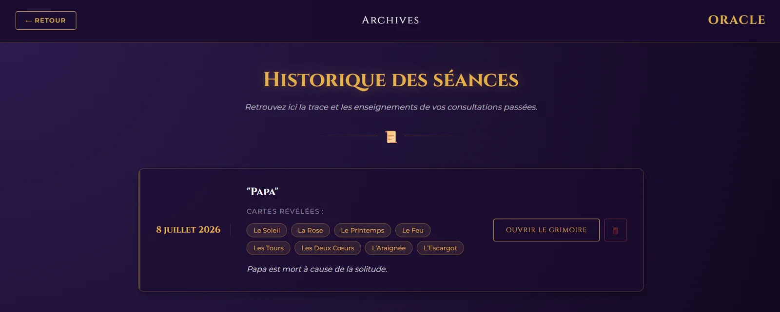Historique des séances : cartes révélées et interprétation d'une consultation passée