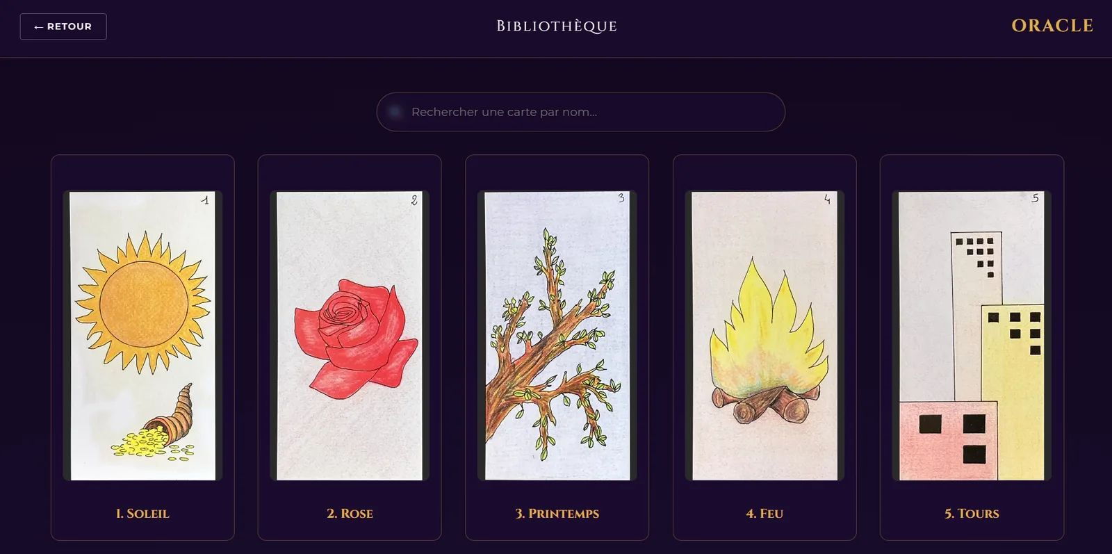 La bibliothèque des cartes de l'oracle avec recherche par nom