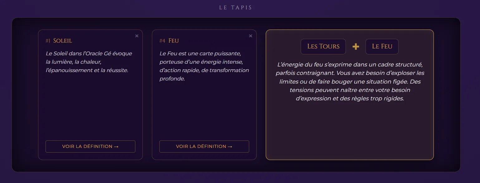 Le tapis de tirage : deux cartes révélées et leur combinaison détectée automatiquement