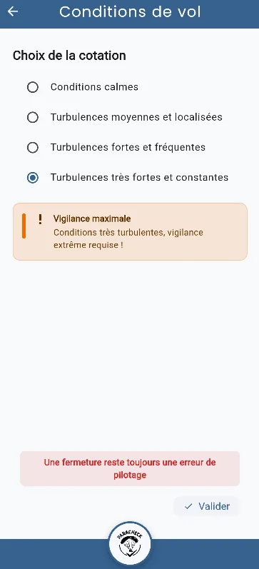 Cotation des conditions de vol avec message de vigilance maximale