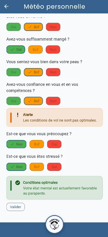 Checklist « météo personnelle » : questions d'auto-évaluation avec alertes colorées